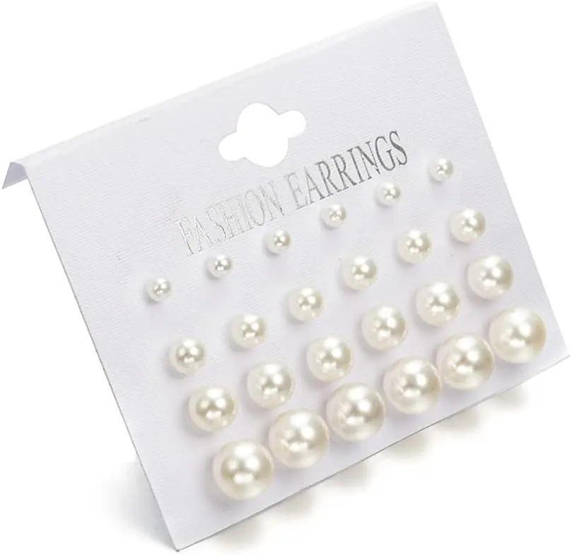 12 Pairs Black White Pearl Earrings Stud Sets