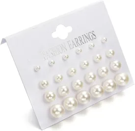 12 Pairs Black White Pearl Earrings Stud Sets