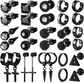 15 Pairs Earrings for Men, Stainless Steel Hypoallergenic Set - Cross, Dangle, Hoop, Black Stud Earrings - Piercing Jewelry for Women