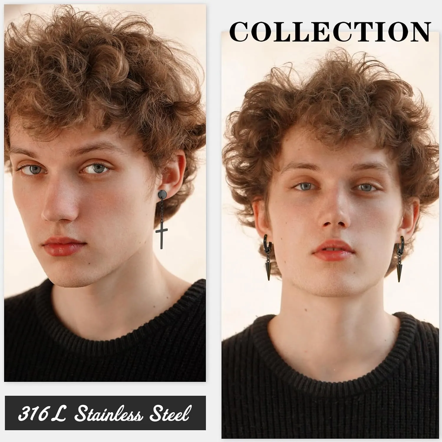 15 Pairs Earrings for Men, Stainless Steel Hypoallergenic Set - Cross, Dangle, Hoop, Black Stud Earrings - Piercing Jewelry for Women