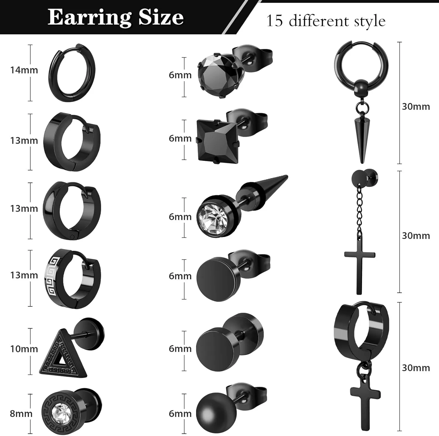 15 Pairs Earrings for Men, Stainless Steel Hypoallergenic Set - Cross, Dangle, Hoop, Black Stud Earrings - Piercing Jewelry for Women