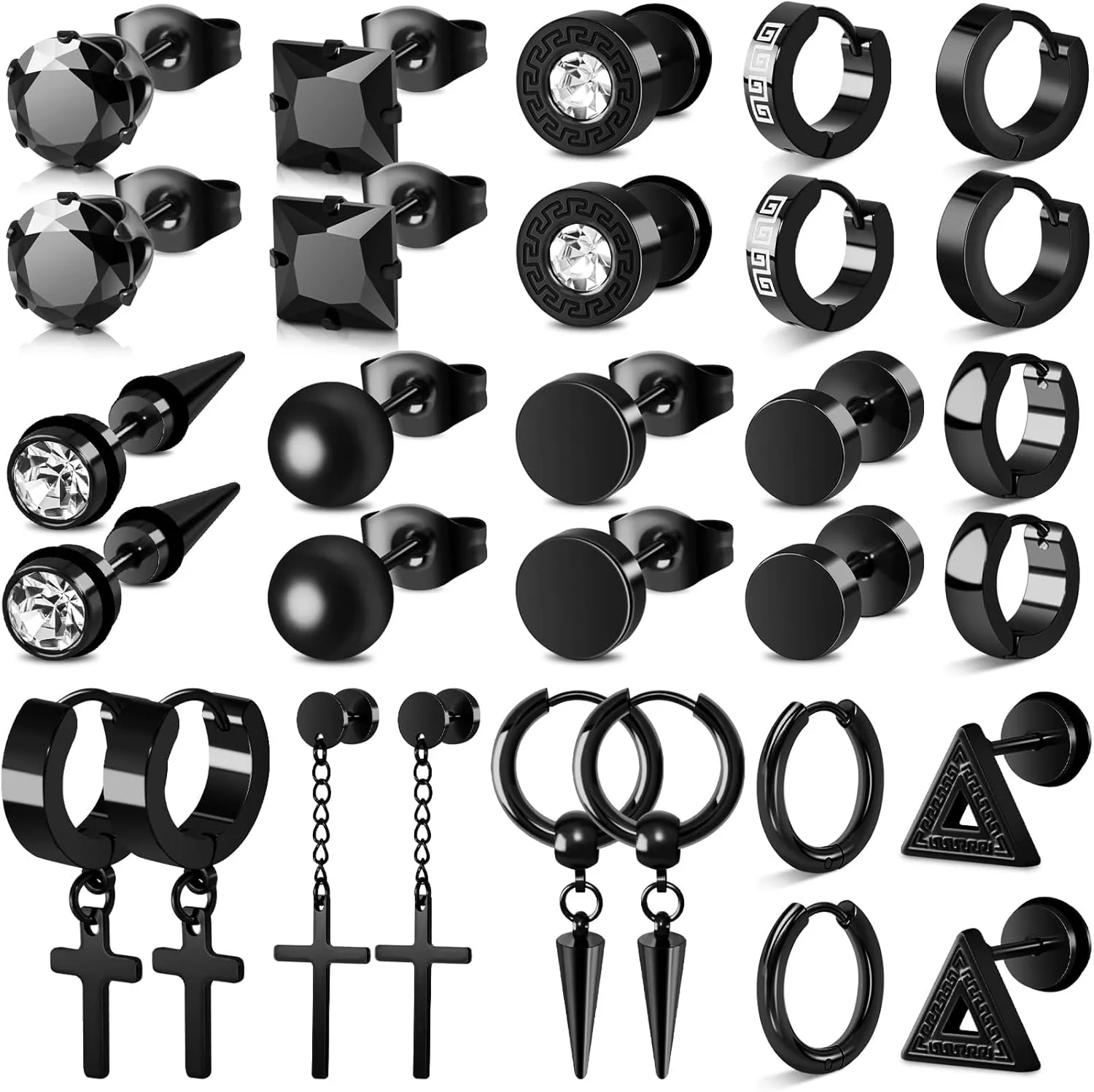 15 Pairs Earrings for Men, Stainless Steel Hypoallergenic Set - Cross, Dangle, Hoop, Black Stud Earrings - Piercing Jewelry for Women