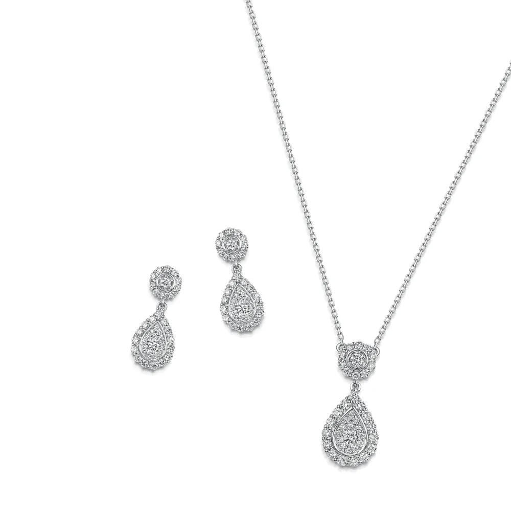 18ct White Gold Diamond Pave Fancy Halo Pear Drop Earrings