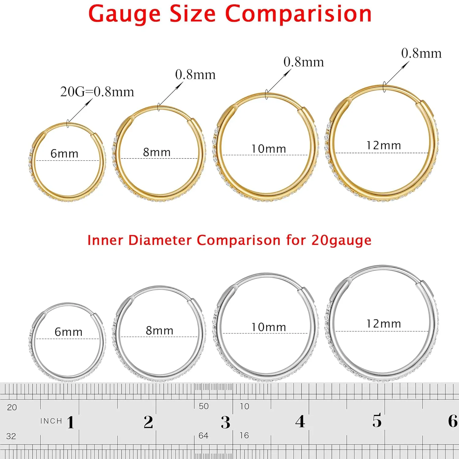 20G Nose Ring Hoop 316L Surgical Steel Nose Hoop 14k Gold CZ Nose Rings Handmade Stainless Steel Cartilage Earrings Tragus Helix Hoop Nose Rings Piercing Jewelry for Women Men Gold 8mm