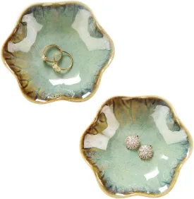 2PCS Ring Holder Dish, Small Key Bowl, Ceramic Trinket Tray Jewelry Dish Organizing Necklace Earrings for Mom Friend Sister, All Jewelries Are NOT Included. Crystal Green.