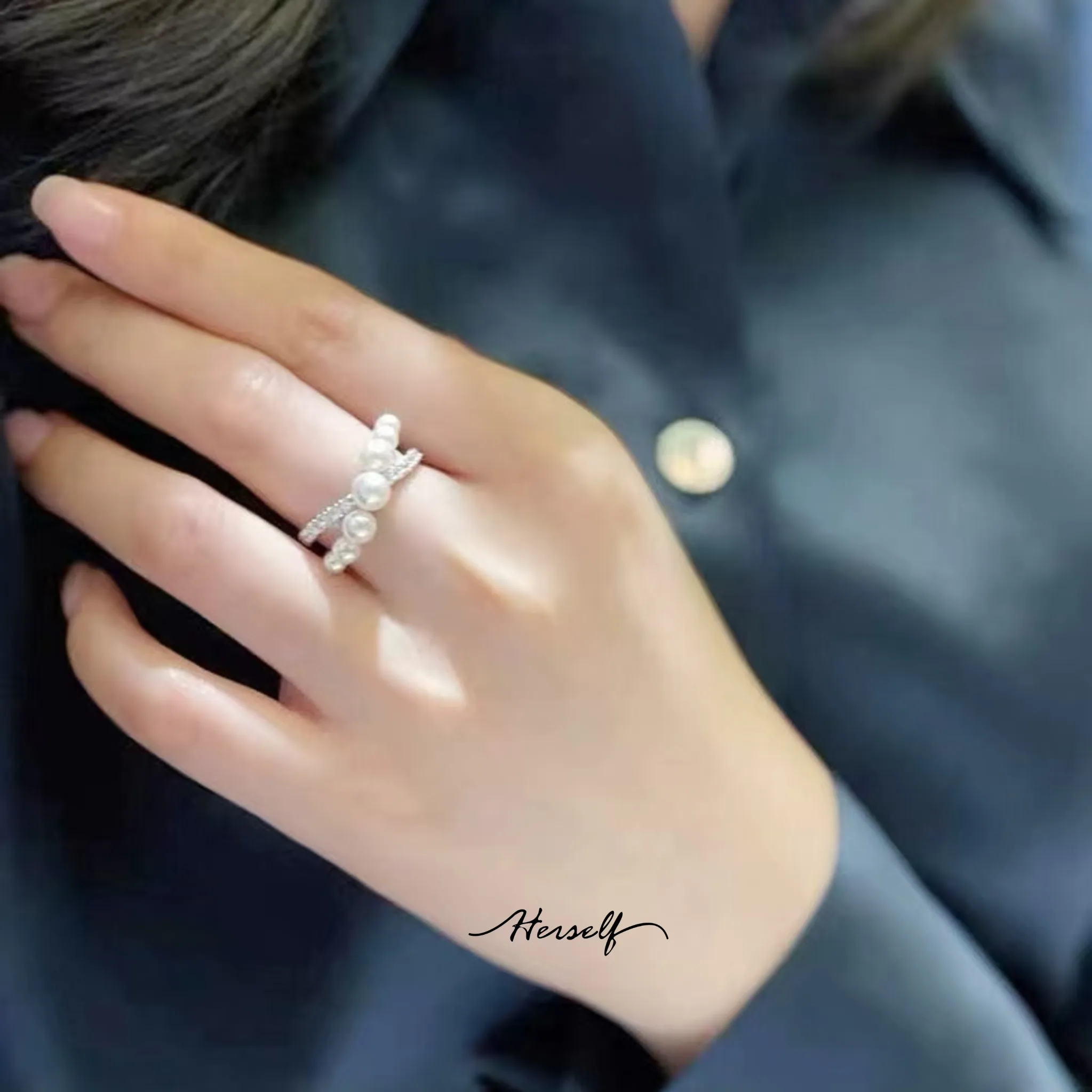 Akoya Pearl Gradient Sterling Silver Plated Gold Open Ring