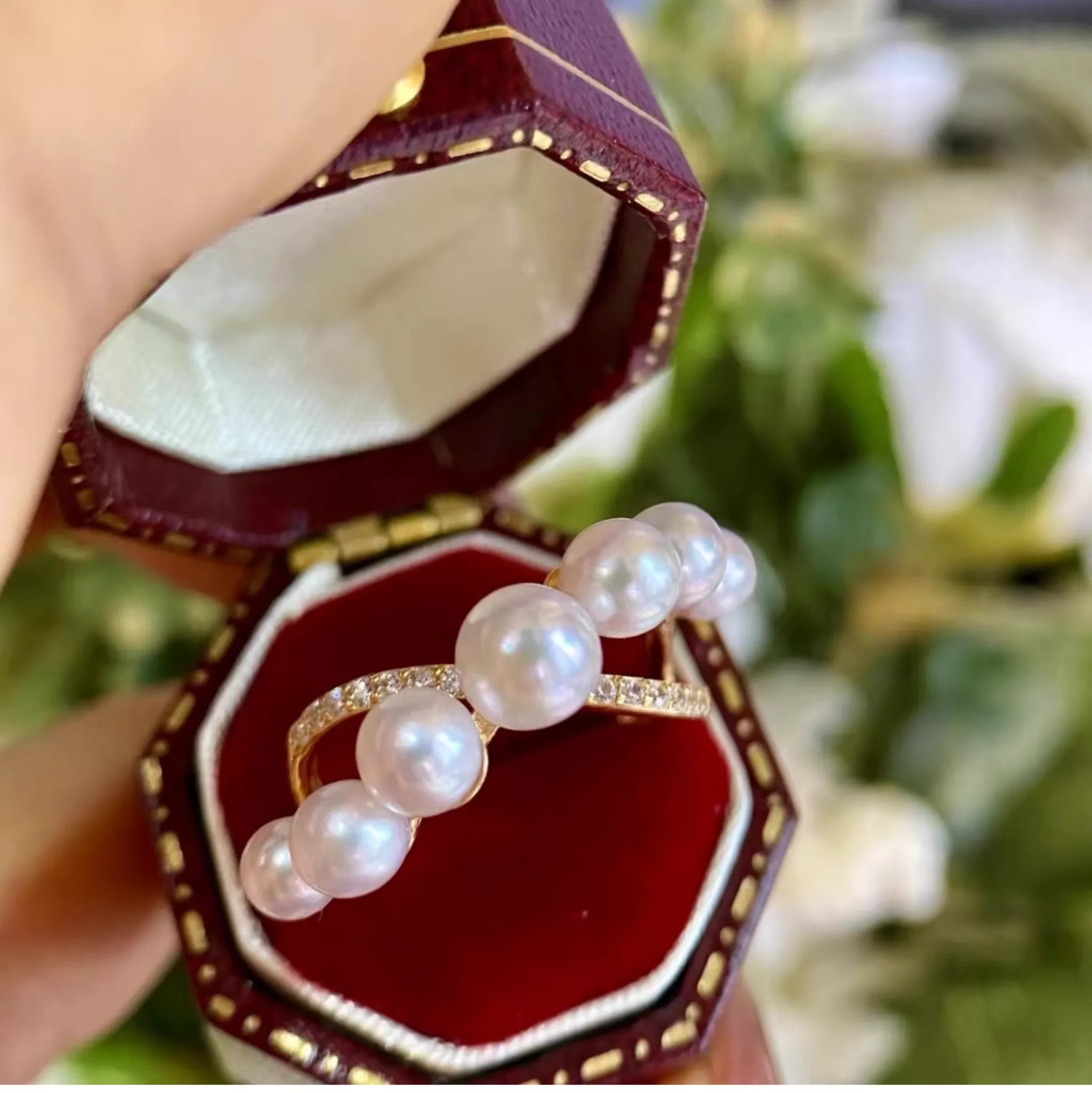Akoya Pearl Gradient Sterling Silver Plated Gold Open Ring
