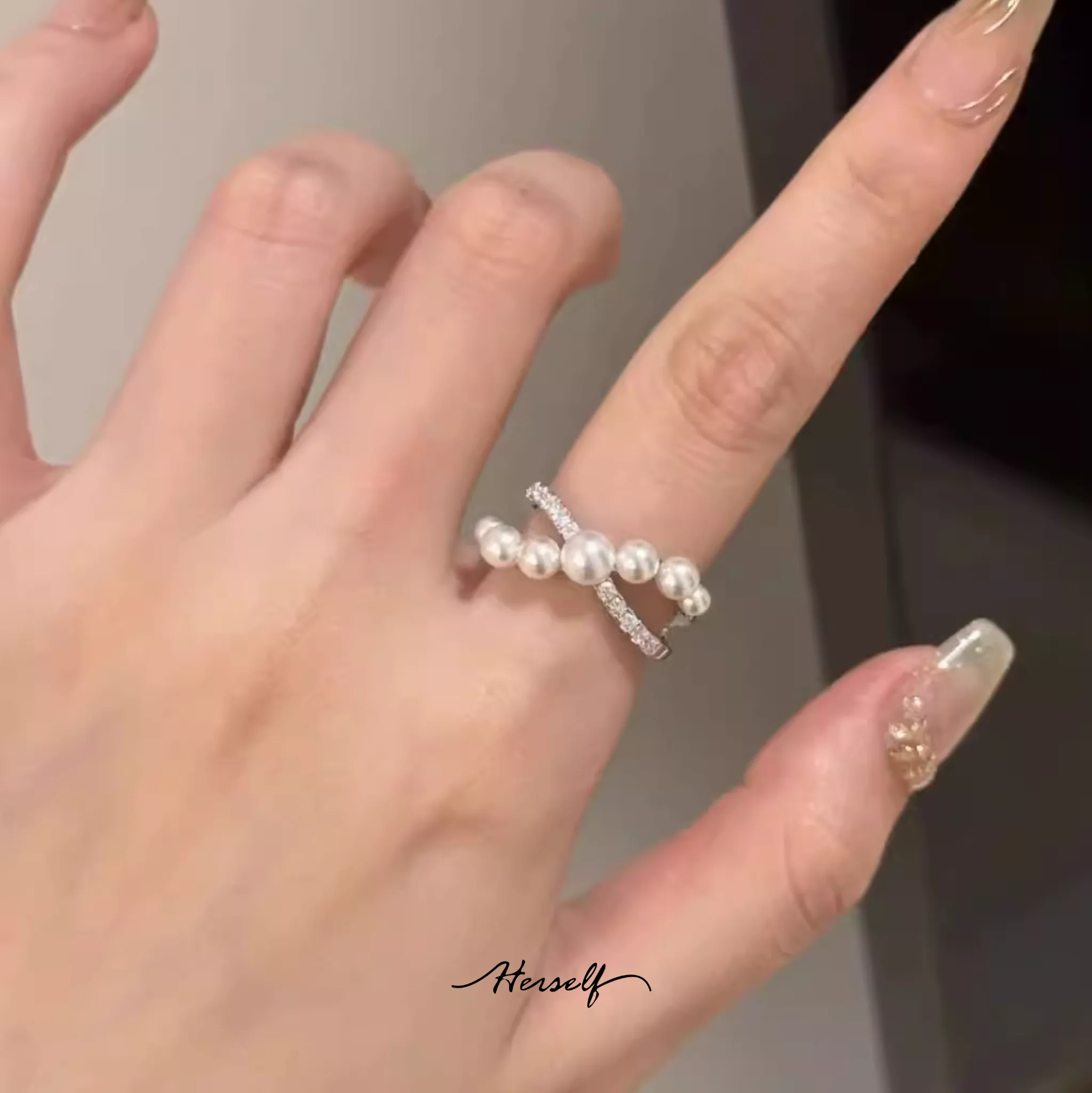 Akoya Pearl Gradient Sterling Silver Plated Gold Open Ring
