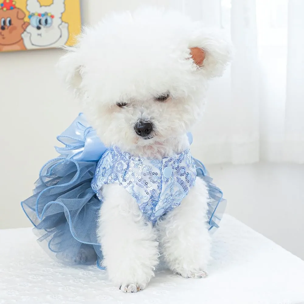 ANIAC Blue Cat Wedding Dress with D-Ring Bow Knot Dog Wedding Outfit Formal Puppy Clothes for Girl Small Dog Luxury Pet Party Dress for Kitten Chihuahua Yorkie Pomeranian (Blue-2, Small)