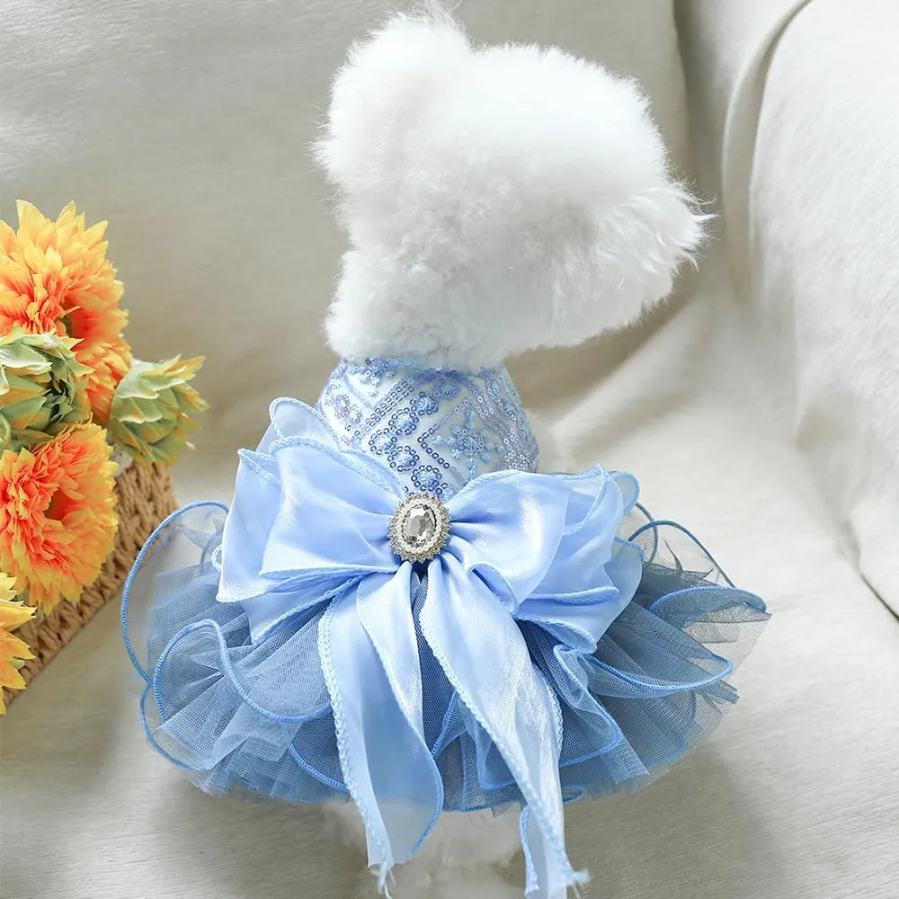 ANIAC Blue Cat Wedding Dress with D-Ring Bow Knot Dog Wedding Outfit Formal Puppy Clothes for Girl Small Dog Luxury Pet Party Dress for Kitten Chihuahua Yorkie Pomeranian (Blue-2, Small)