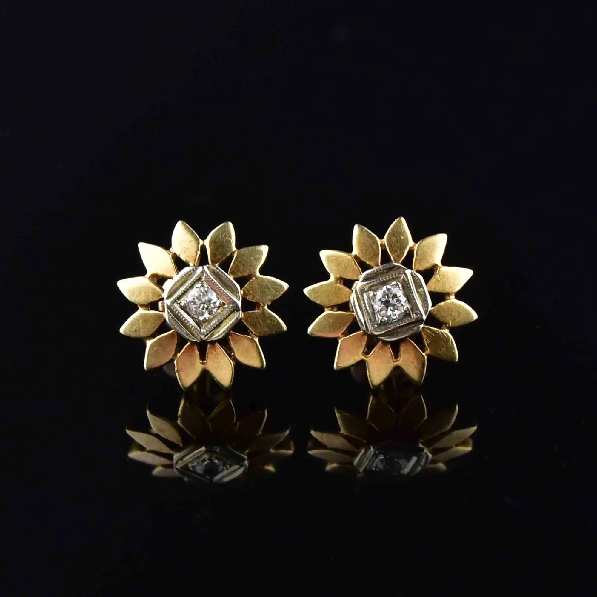 Antique 14K Gold Diamond Flower Stud Earrings