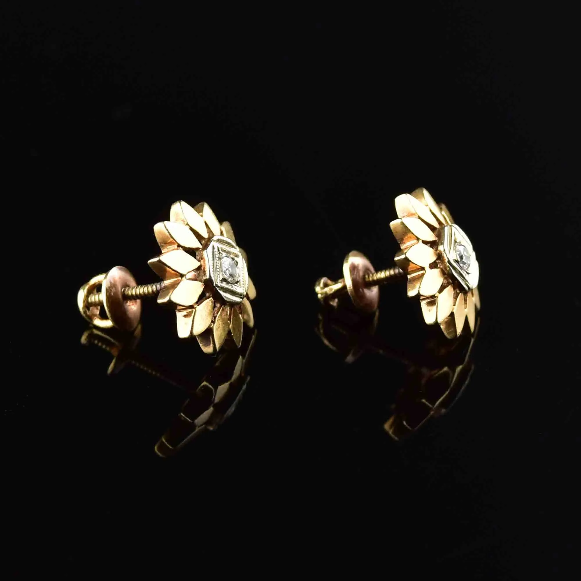 Antique 14K Gold Diamond Flower Stud Earrings
