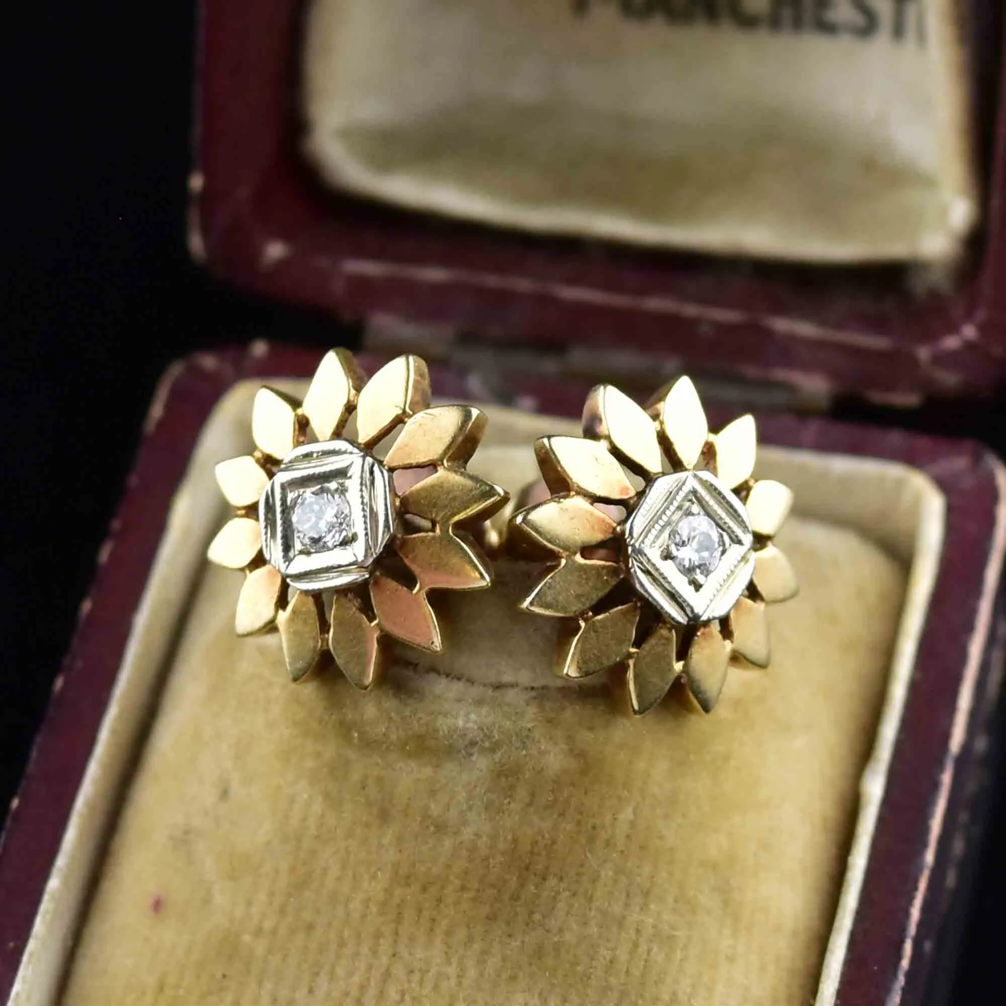 Antique 14K Gold Diamond Flower Stud Earrings