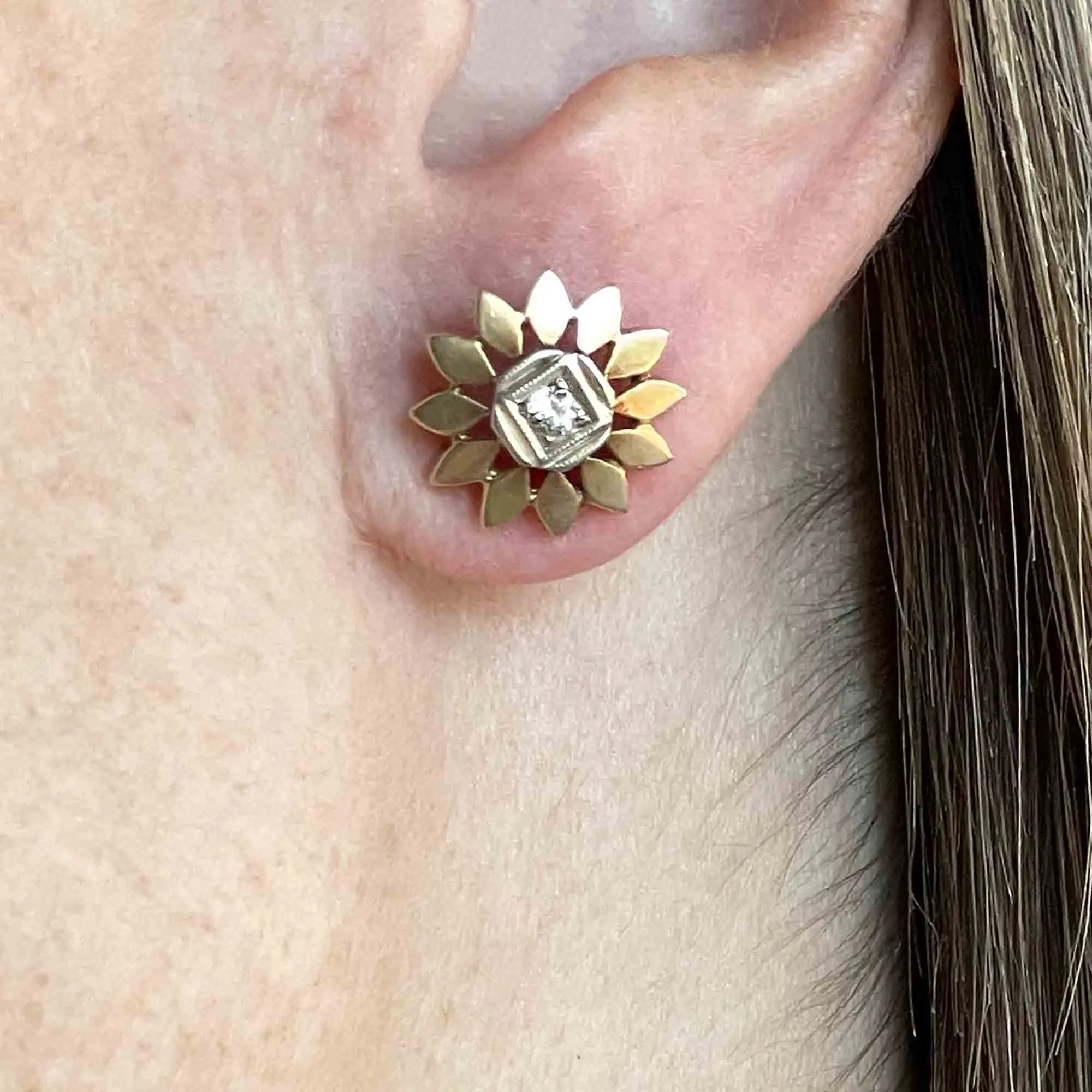Antique 14K Gold Diamond Flower Stud Earrings