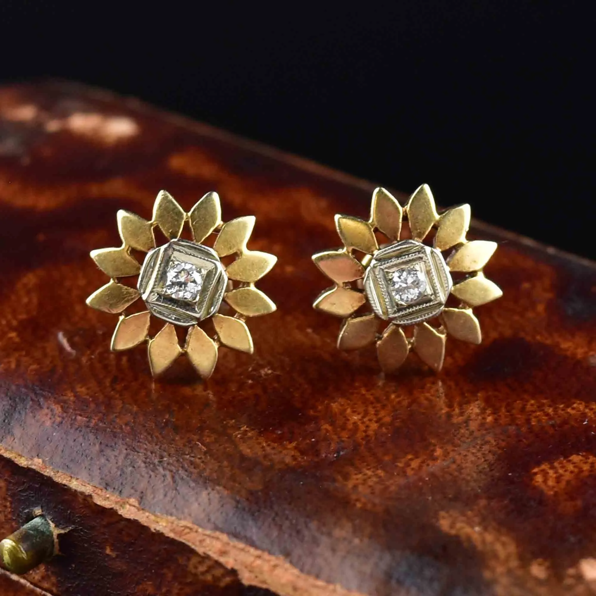 Antique 14K Gold Diamond Flower Stud Earrings