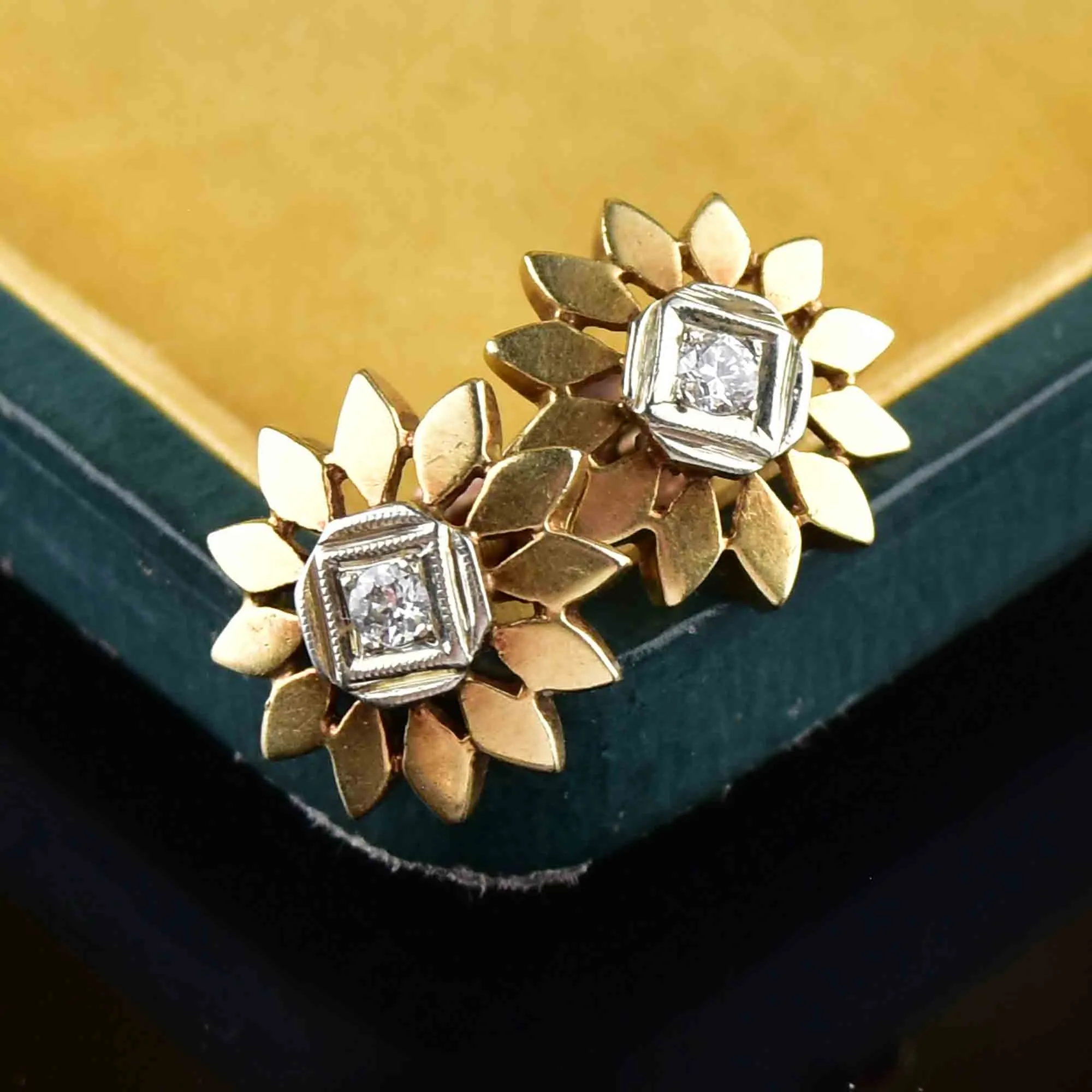 Antique 14K Gold Diamond Flower Stud Earrings