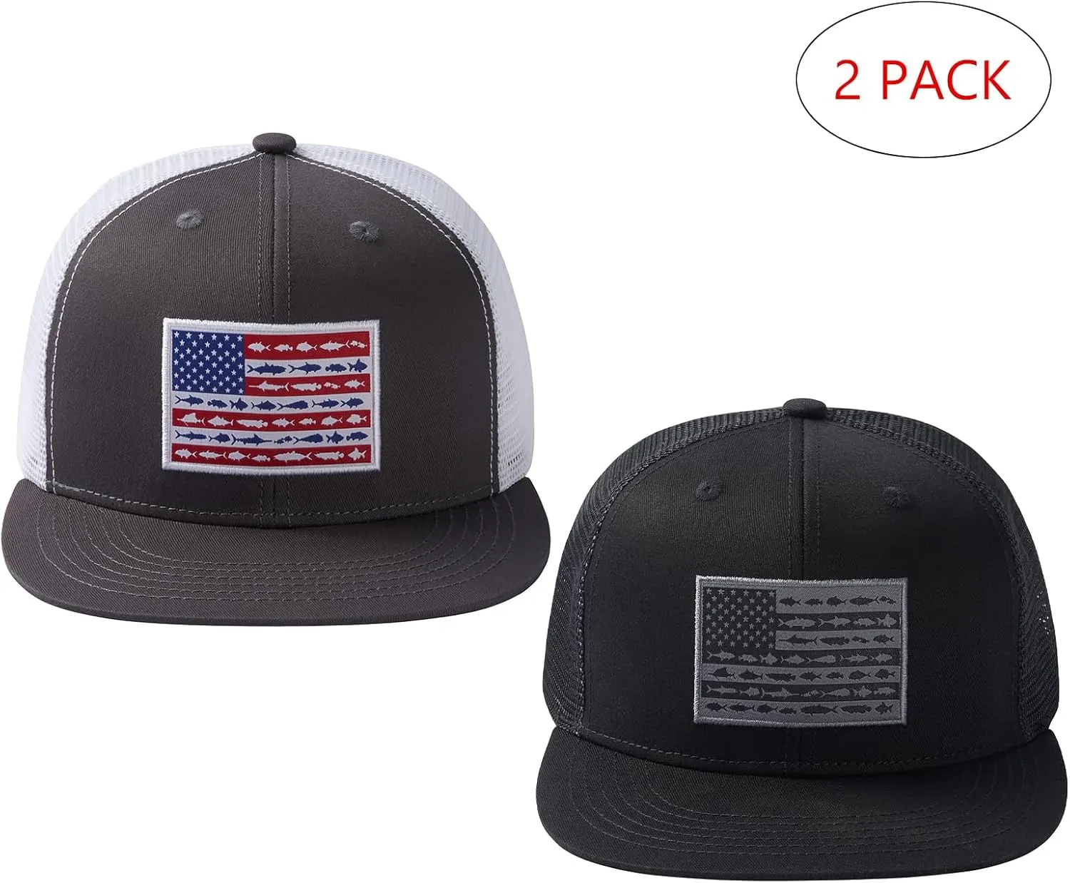 BASSDASH 2 Pack Flat Brim Trucker Cap Adjustable Snapback Hat Mesh Back for Men Women Fishing Hunting