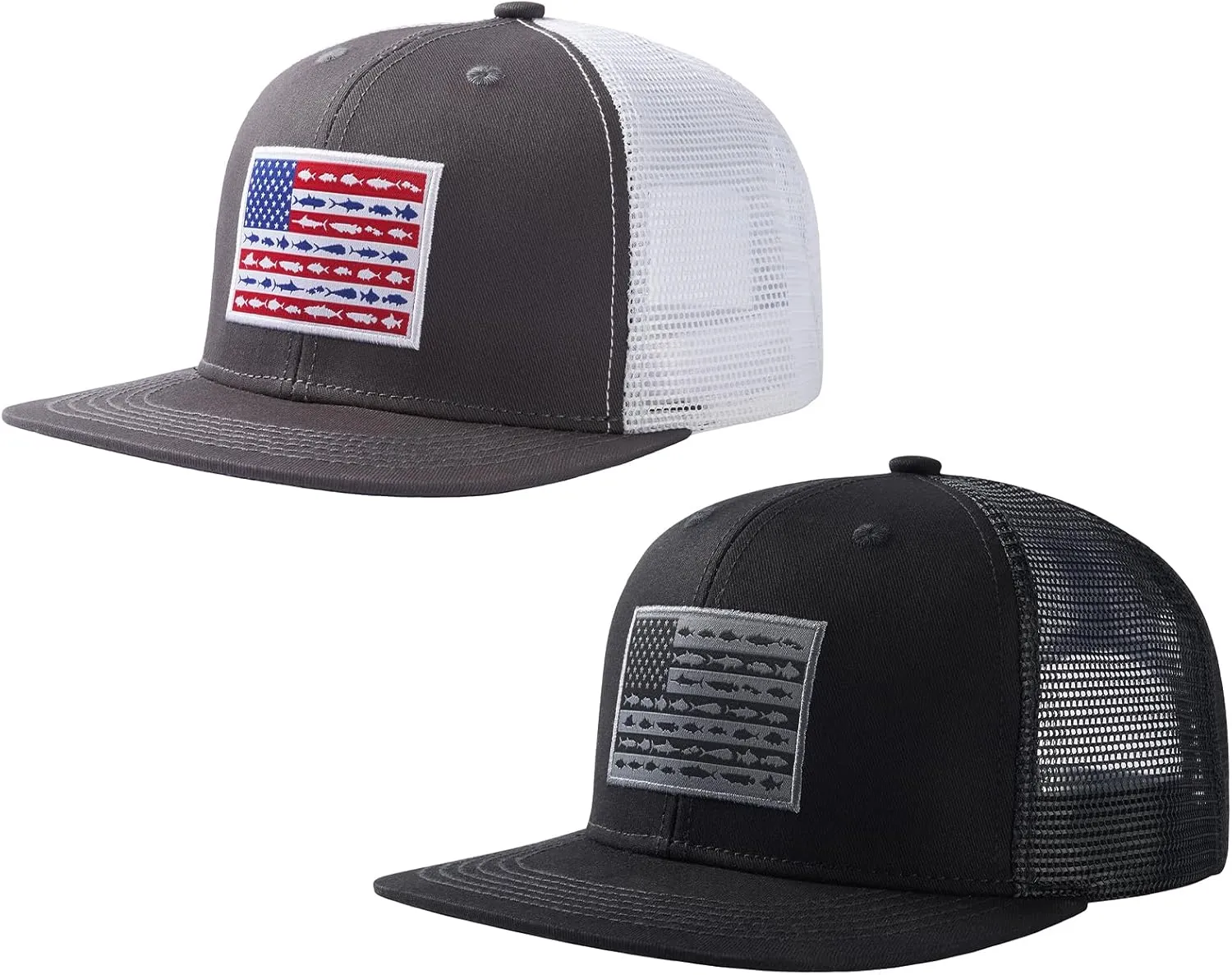 BASSDASH 2 Pack Flat Brim Trucker Cap Adjustable Snapback Hat Mesh Back for Men Women Fishing Hunting