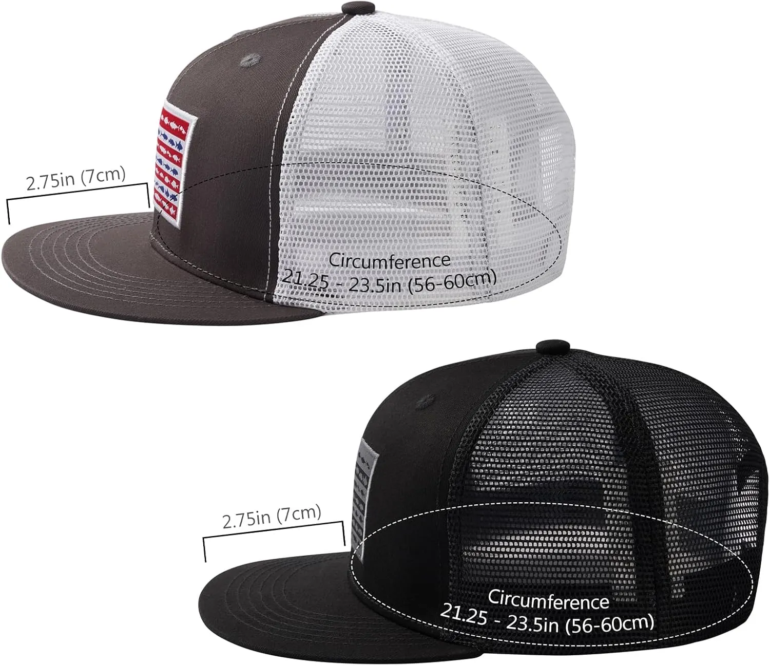 BASSDASH 2 Pack Flat Brim Trucker Cap Adjustable Snapback Hat Mesh Back for Men Women Fishing Hunting