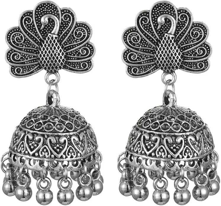 Bell Tassel Indian Vintage Earring Bollywood Ethnic Gypsy Beads Boho Traditional Jhumka Jhumki Chandelier Earrings Peacock Statement Dangle Drop for Women Girls Bohemian Indian Jewelry Gift
