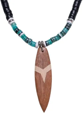 BlueRica Wood Surfboard on Black Coconut Beads & Green Heishi Shells Necklace