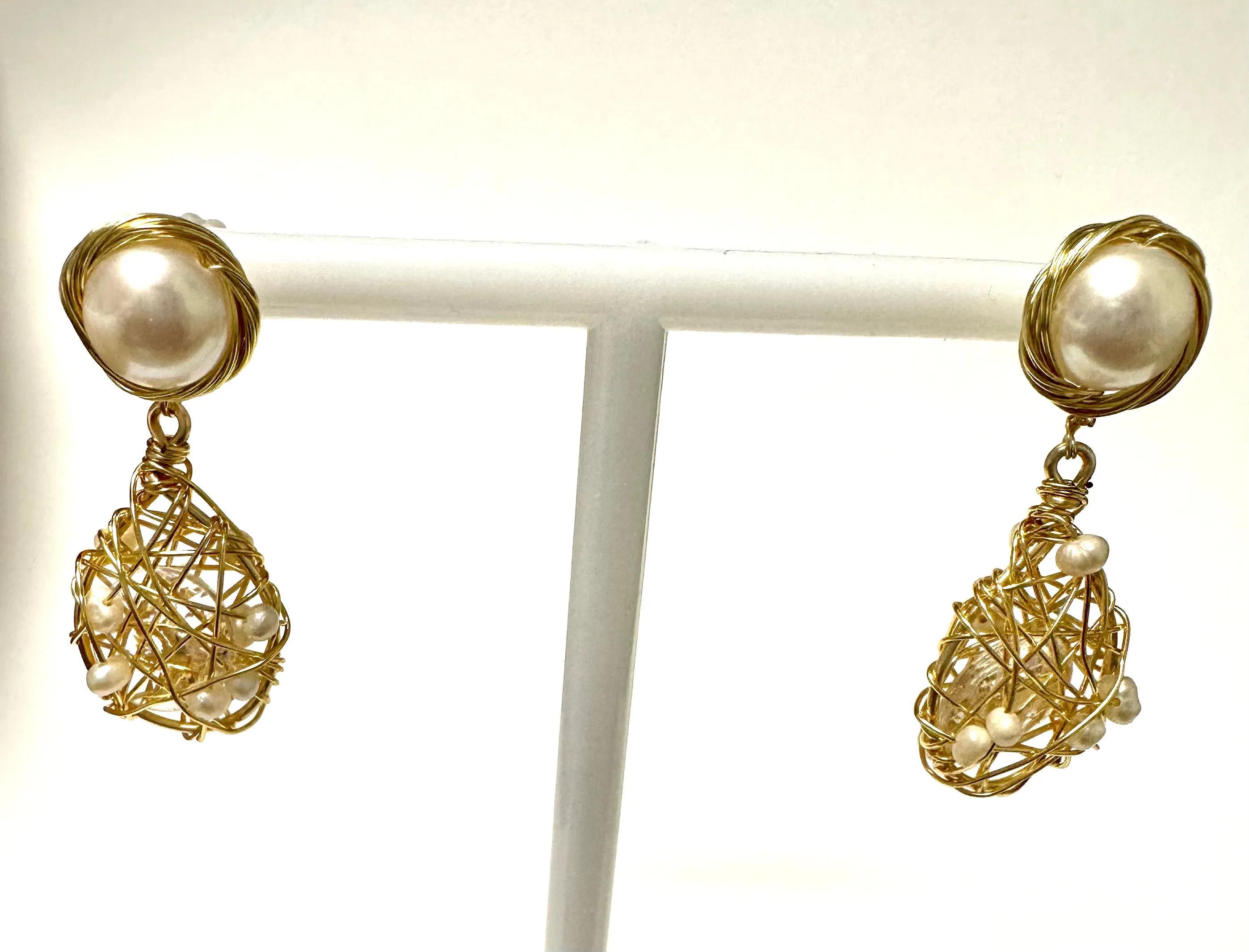 Button Pearl Birdcage Earring