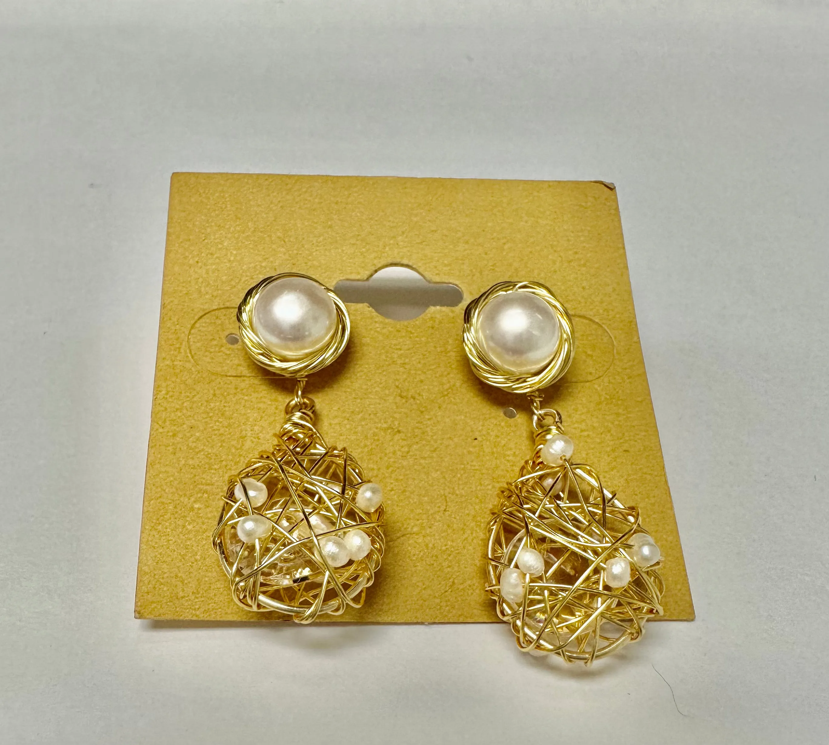Button Pearl Birdcage Earring