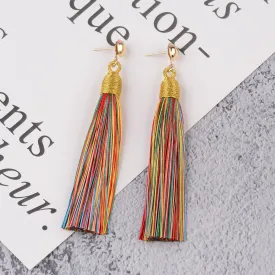 coadipress Boho Thread Long Tassel Earrings Colorful Fringe Dangle Drop Earrings Handmade Simple Knotted Thread Earrings Silk Fabric Ethnic Vintage Tassel Earrings Jewelry Gifts