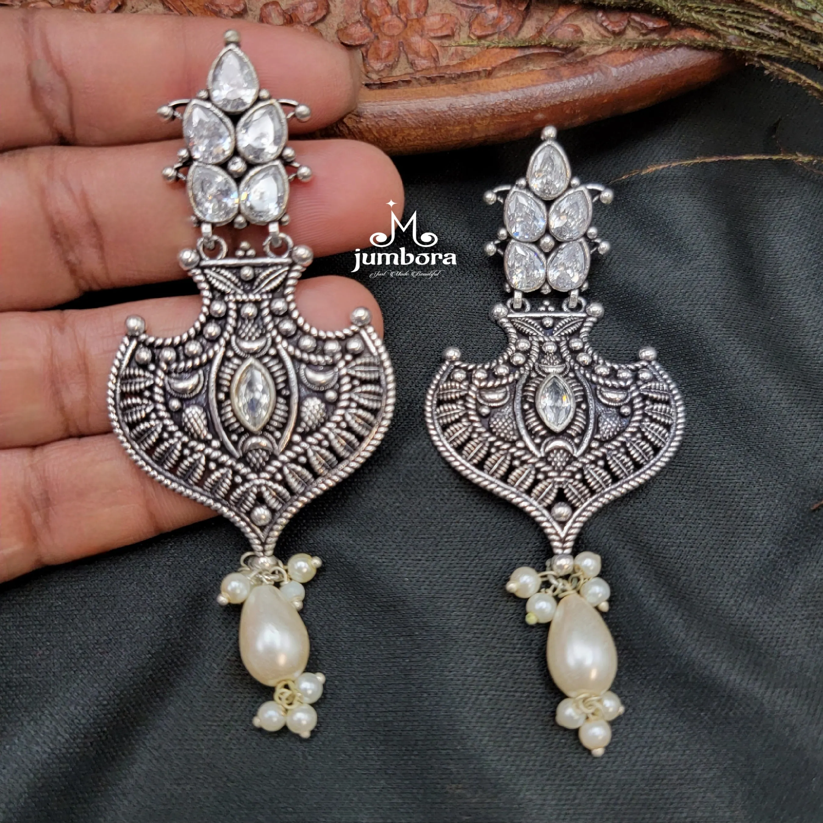 Contemporary White AD Zircon Oxidized German Silver Earring