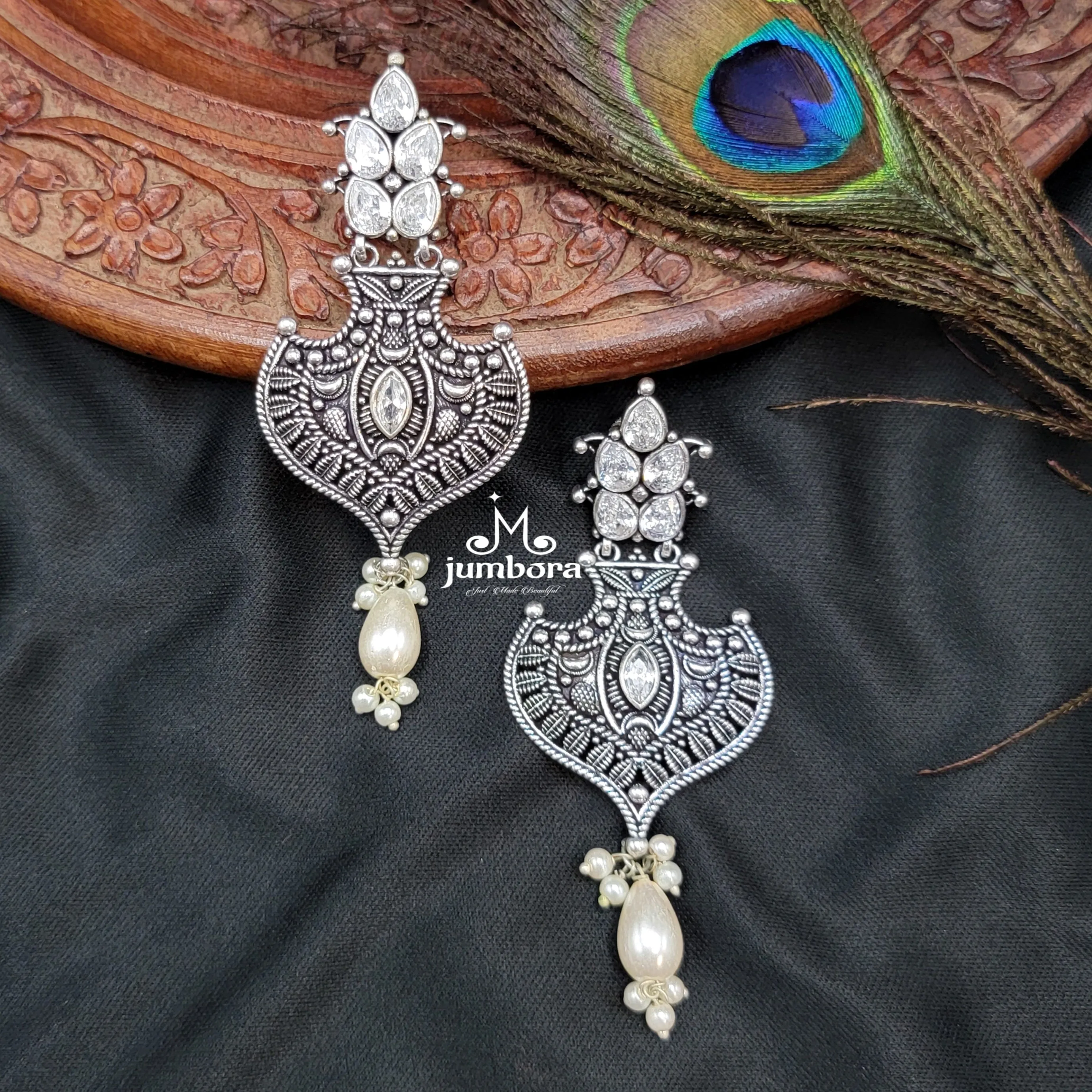 Contemporary White AD Zircon Oxidized German Silver Earring