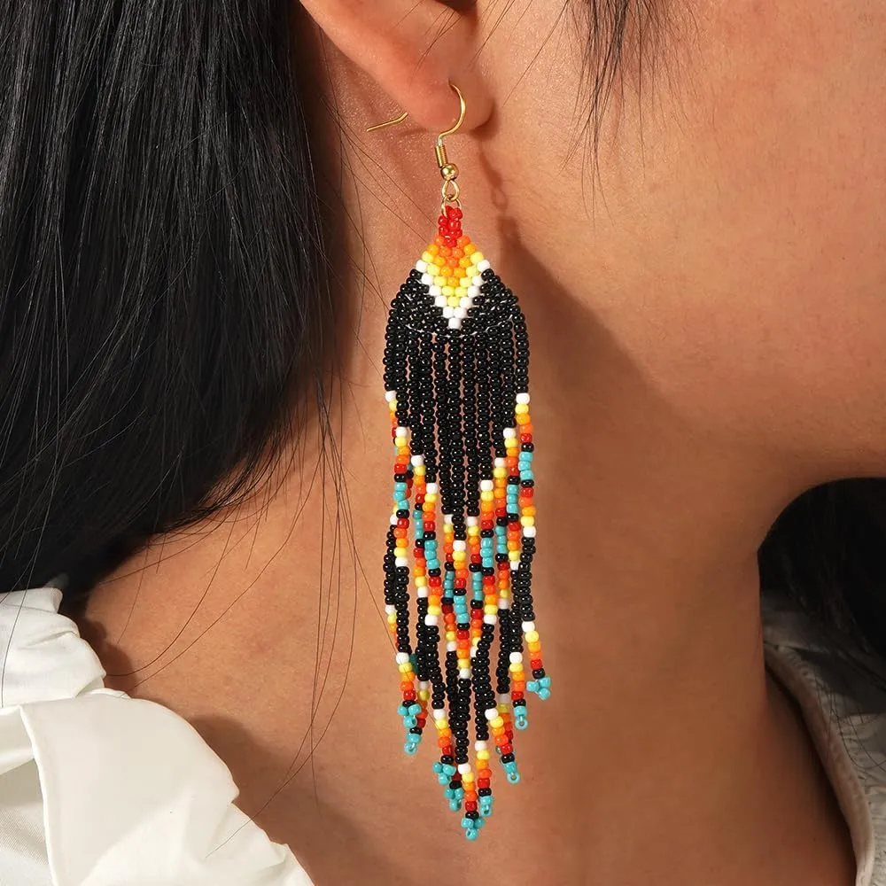 Festive Dangle Drop Beads Earrings for Women Trendy,Bohemian Handmade Glass Seed Beaded Prom Lucky Jewelry Gift.