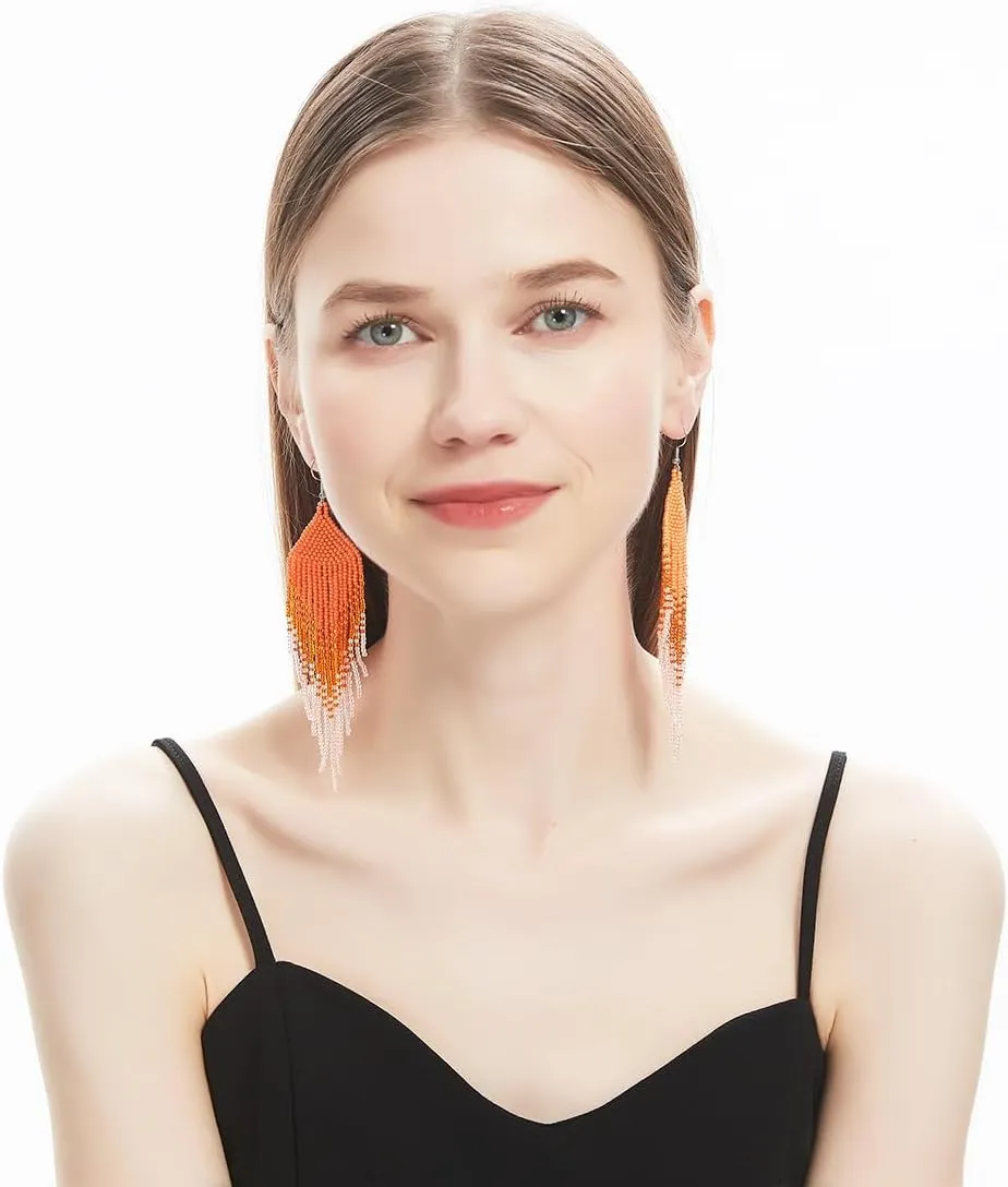 Geometric Beaded Earrings  Long Bohemian Handmade Large Tribal Native Beaded Tassel Drop Earrings for Women, Big Boho Seed Bead Fringe Chandelier Dangle Earrings