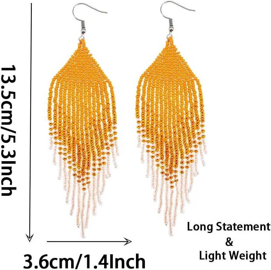 Geometric Beaded Earrings  Long Bohemian Handmade Large Tribal Native Beaded Tassel Drop Earrings for Women, Big Boho Seed Bead Fringe Chandelier Dangle Earrings