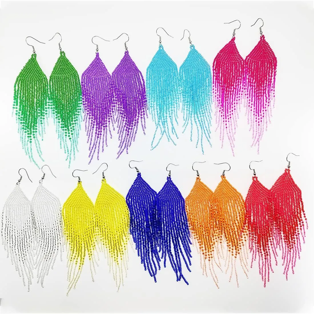 Geometric Beaded Earrings  Long Bohemian Handmade Large Tribal Native Beaded Tassel Drop Earrings for Women, Big Boho Seed Bead Fringe Chandelier Dangle Earrings