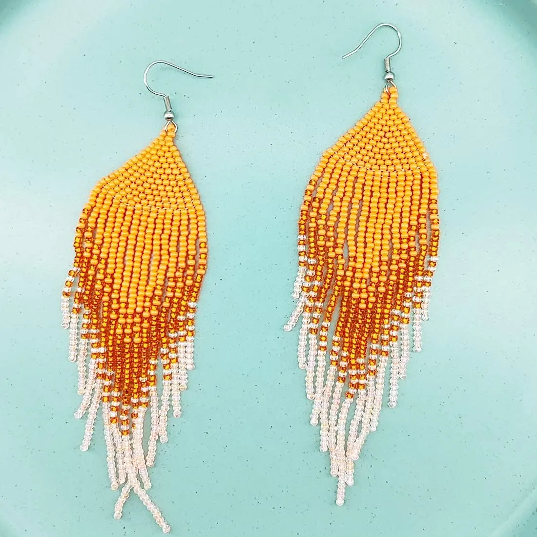 Geometric Beaded Earrings  Long Bohemian Handmade Large Tribal Native Beaded Tassel Drop Earrings for Women, Big Boho Seed Bead Fringe Chandelier Dangle Earrings