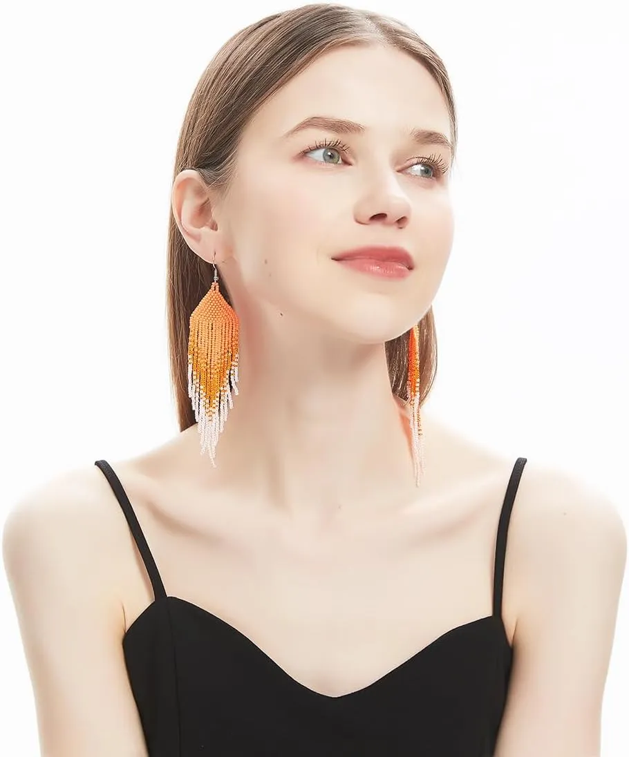 Geometric Beaded Earrings  Long Bohemian Handmade Large Tribal Native Beaded Tassel Drop Earrings for Women, Big Boho Seed Bead Fringe Chandelier Dangle Earrings