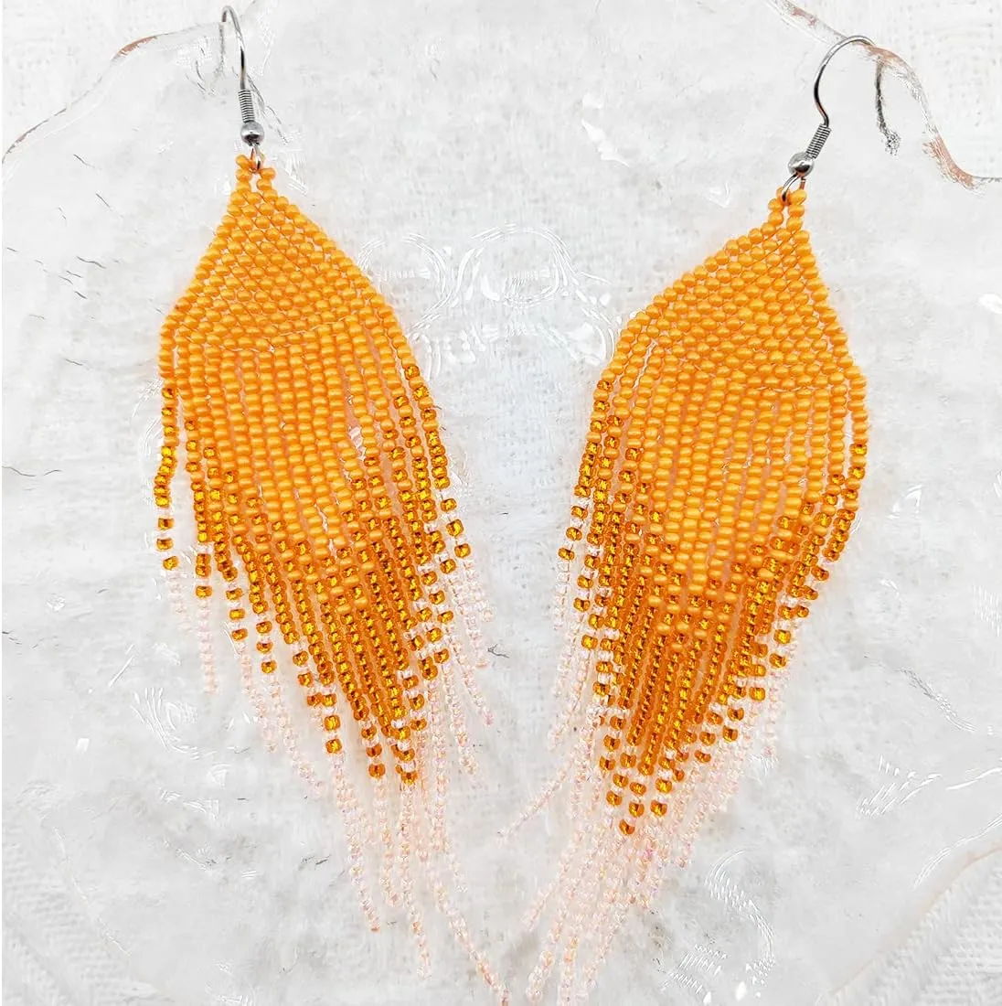 Geometric Beaded Earrings  Long Bohemian Handmade Large Tribal Native Beaded Tassel Drop Earrings for Women, Big Boho Seed Bead Fringe Chandelier Dangle Earrings