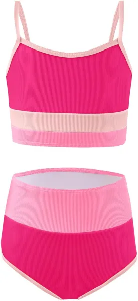 Haloumoning Girls Swimsuits Bikini Set Adjustable Straps Two Piece Color Block Girls' Swimwear with Chest Pad 5-14 Years