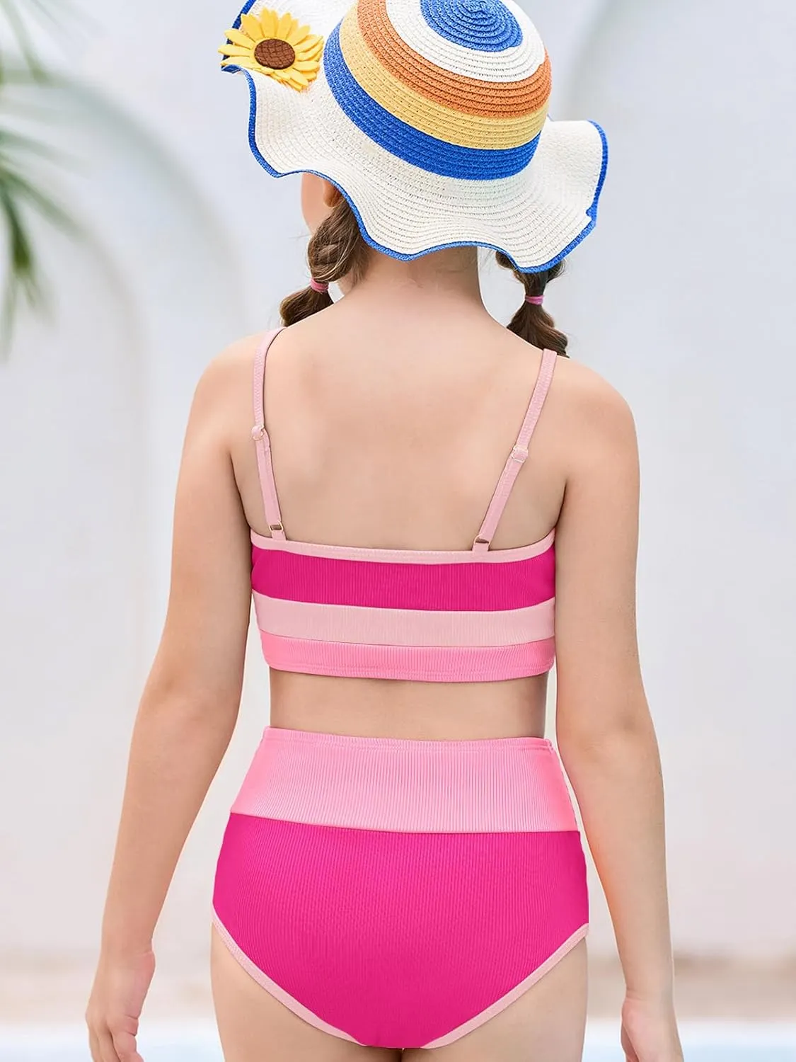 Haloumoning Girls Swimsuits Bikini Set Adjustable Straps Two Piece Color Block Girls' Swimwear with Chest Pad 5-14 Years