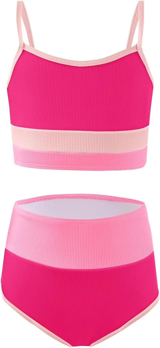 Haloumoning Girls Swimsuits Bikini Set Adjustable Straps Two Piece Color Block Girls' Swimwear with Chest Pad 5-14 Years
