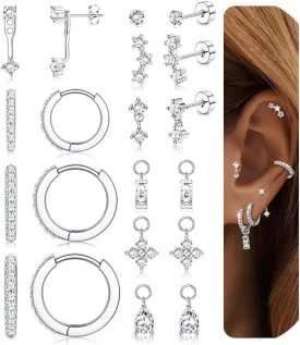 Hypoallergenic 14K Gold Plated Silver Flat Back Earrings for Women - Surgical Stainless Steel Hoop Cartilage Earrings Set Small Flatback Stud Stacks with CZ Charm Helix Conch Tragus Piercing Jewelry