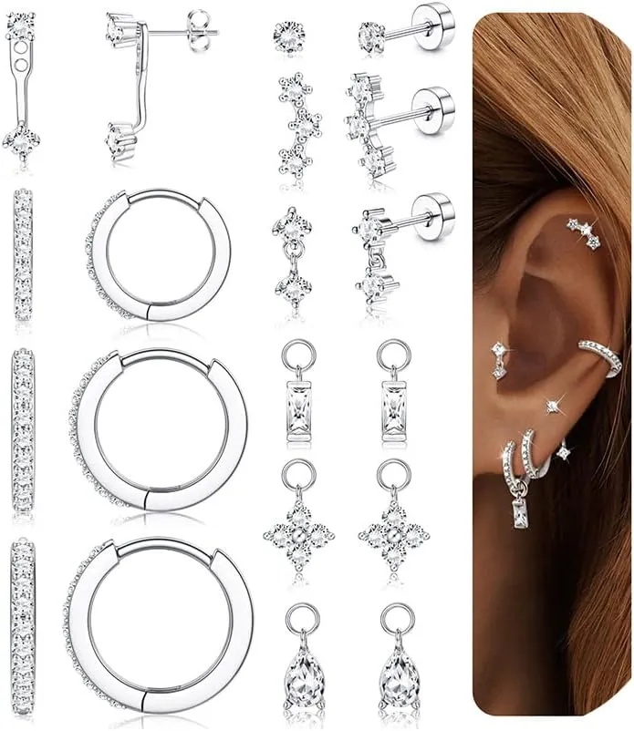 Hypoallergenic 14K Gold Plated Silver Flat Back Earrings for Women - Surgical Stainless Steel Hoop Cartilage Earrings Set Small Flatback Stud Stacks with CZ Charm Helix Conch Tragus Piercing Jewelry