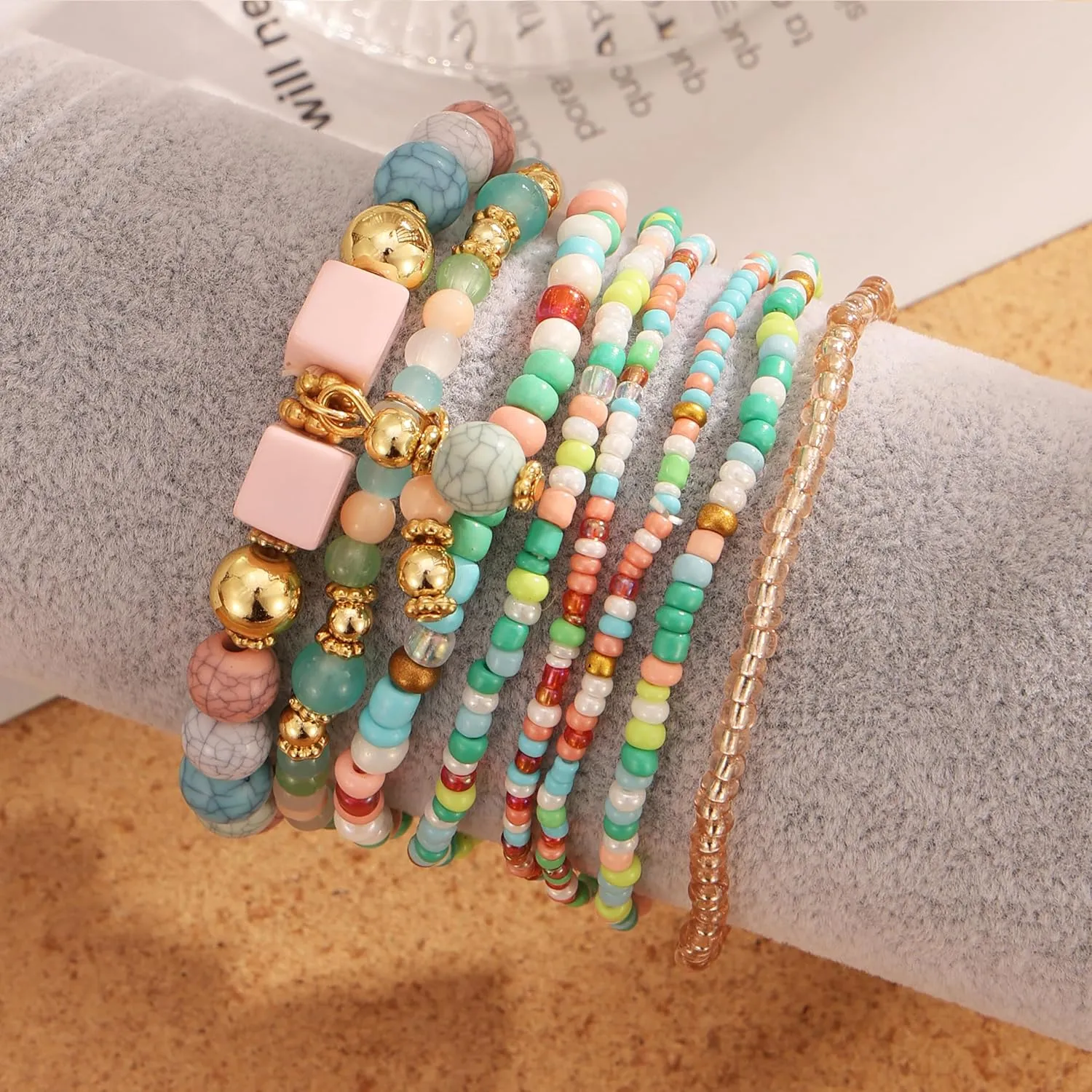 IFKM 8PCS Beaded Bracelets for Women, Multilayered Stackable Strand Stretch Bead Bracelet Pack Handmade Trendy Bohemian Charm Jewelry