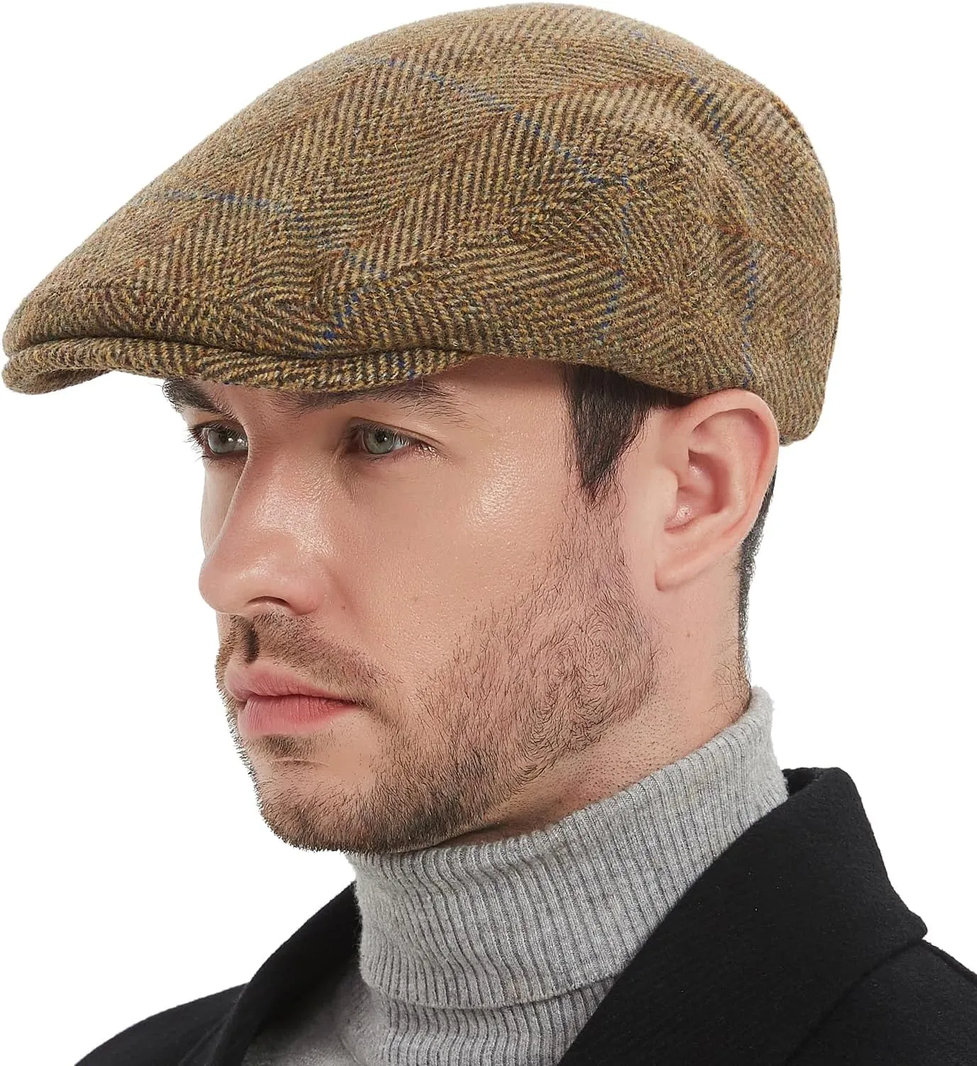 Men's Newsboy Caps,Classic Tweed Wool Blend Newsboy Ivy Hat Houndstooth/Herringbone/Checkered Flat Top Hat for Unisex
