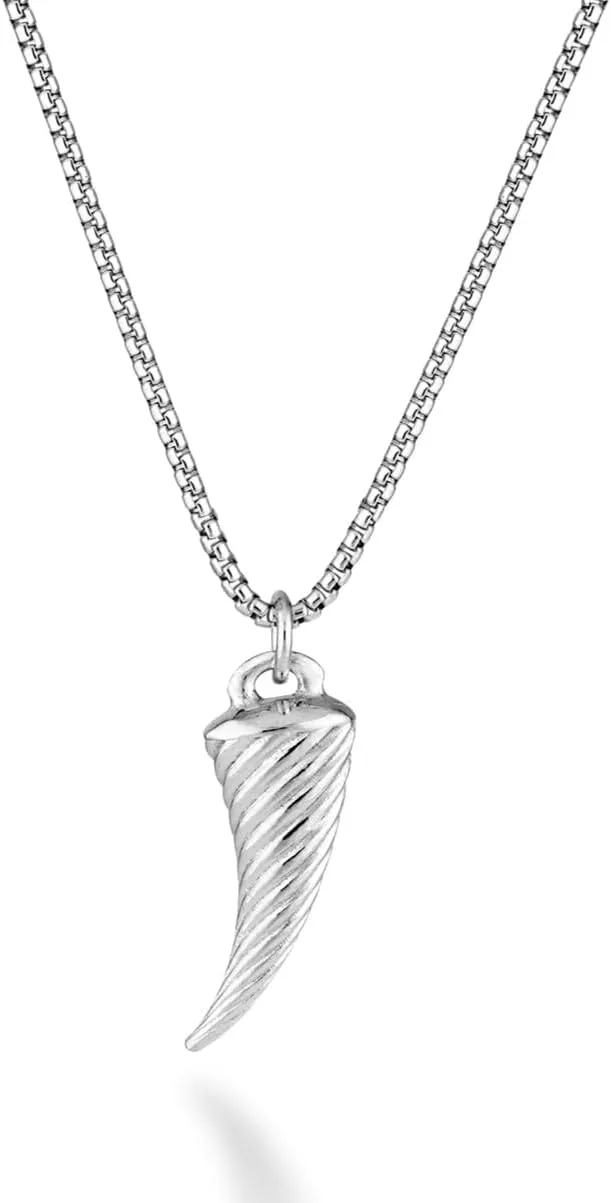 Miabella 925 Sterling Silver Ribbed Italian Horn Pendant Necklace for Men with Box Chain, Made in Italy