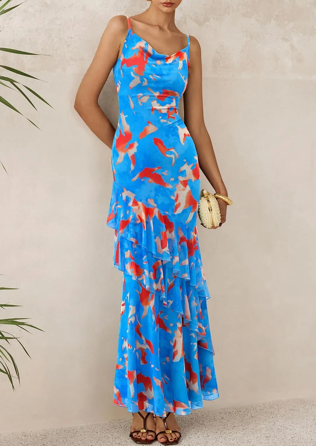PRETTYGARDEN Maxi Dresses for Women 2025 Floral Beach Sundress Spaghetti Strap Tiered Summer Wedding Guest Long Dress