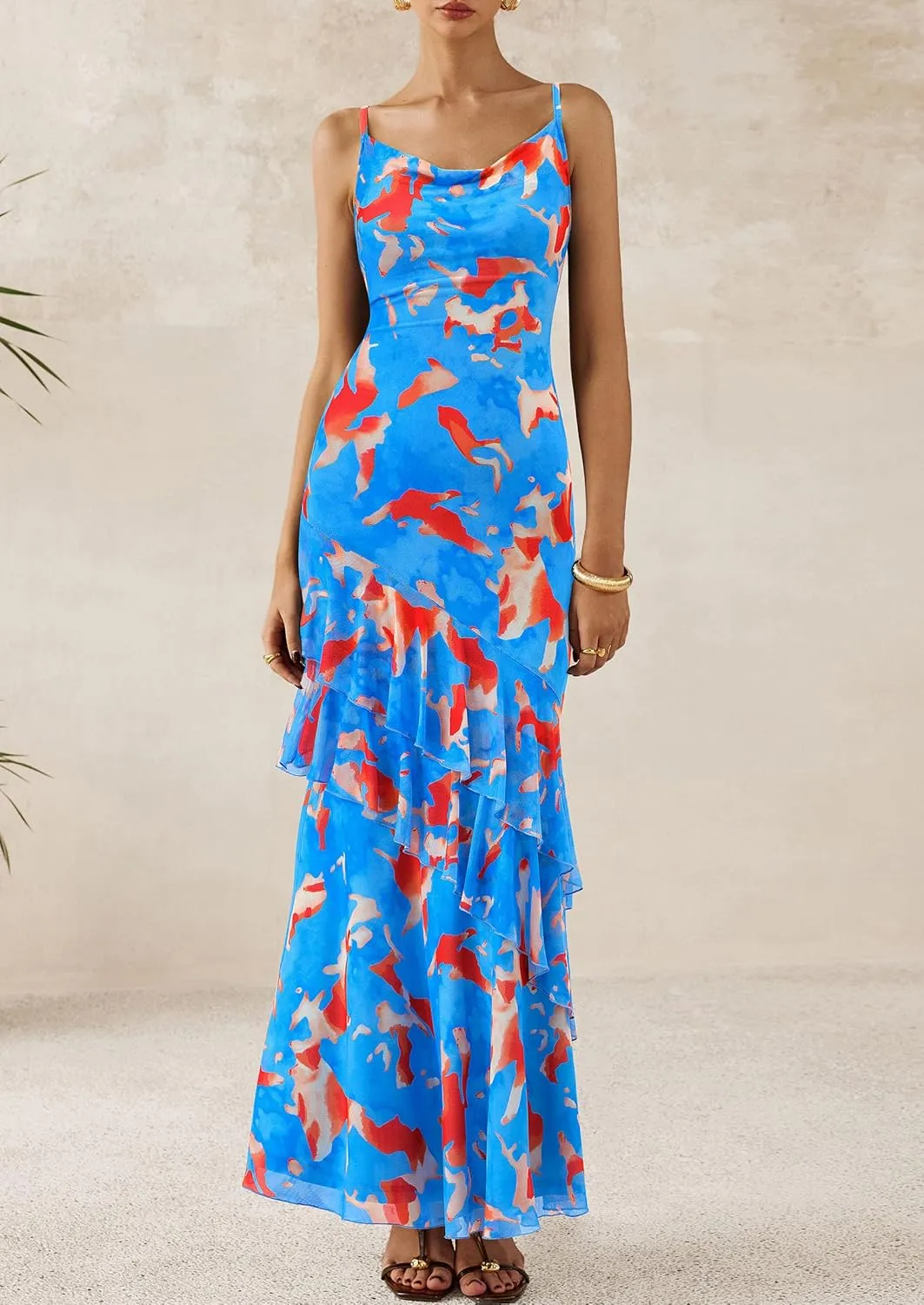 PRETTYGARDEN Maxi Dresses for Women 2025 Floral Beach Sundress Spaghetti Strap Tiered Summer Wedding Guest Long Dress