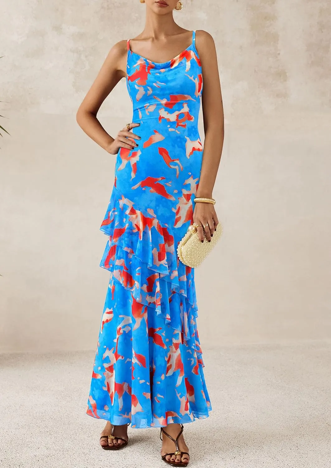 PRETTYGARDEN Maxi Dresses for Women 2025 Floral Beach Sundress Spaghetti Strap Tiered Summer Wedding Guest Long Dress