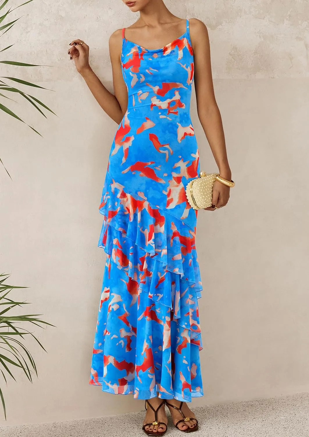 PRETTYGARDEN Maxi Dresses for Women 2025 Floral Beach Sundress Spaghetti Strap Tiered Summer Wedding Guest Long Dress