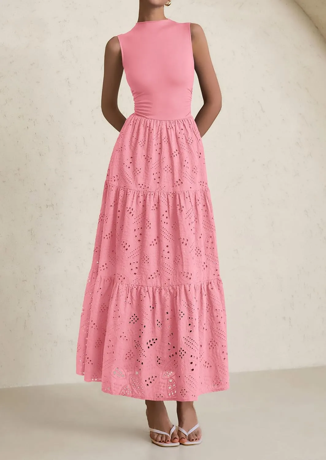 PRETTYGARDEN Summer Dresses for Women 2025 Casual Eyelet Sleeveless Wedding Guest Maxi Dress Tank Top Sundress with Pockets